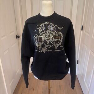 VTG Jerzees Hot Air Balloons Black Bejeweled Bling Sweatshirt Sz‎ M Made In USA